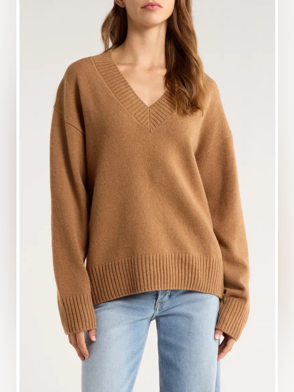Reformation Jadey cashmere oversized v neck sweater in camel